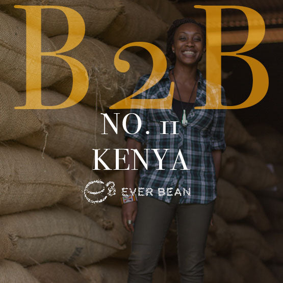 En kvinde smiler foran stablede jutesække. Fedt gul "B2B" og hvid "No. 11 - Kenya (b)" vises, med EverBean Business-logoet under - og fremhæver mellemmørk ristet kaffebønne.