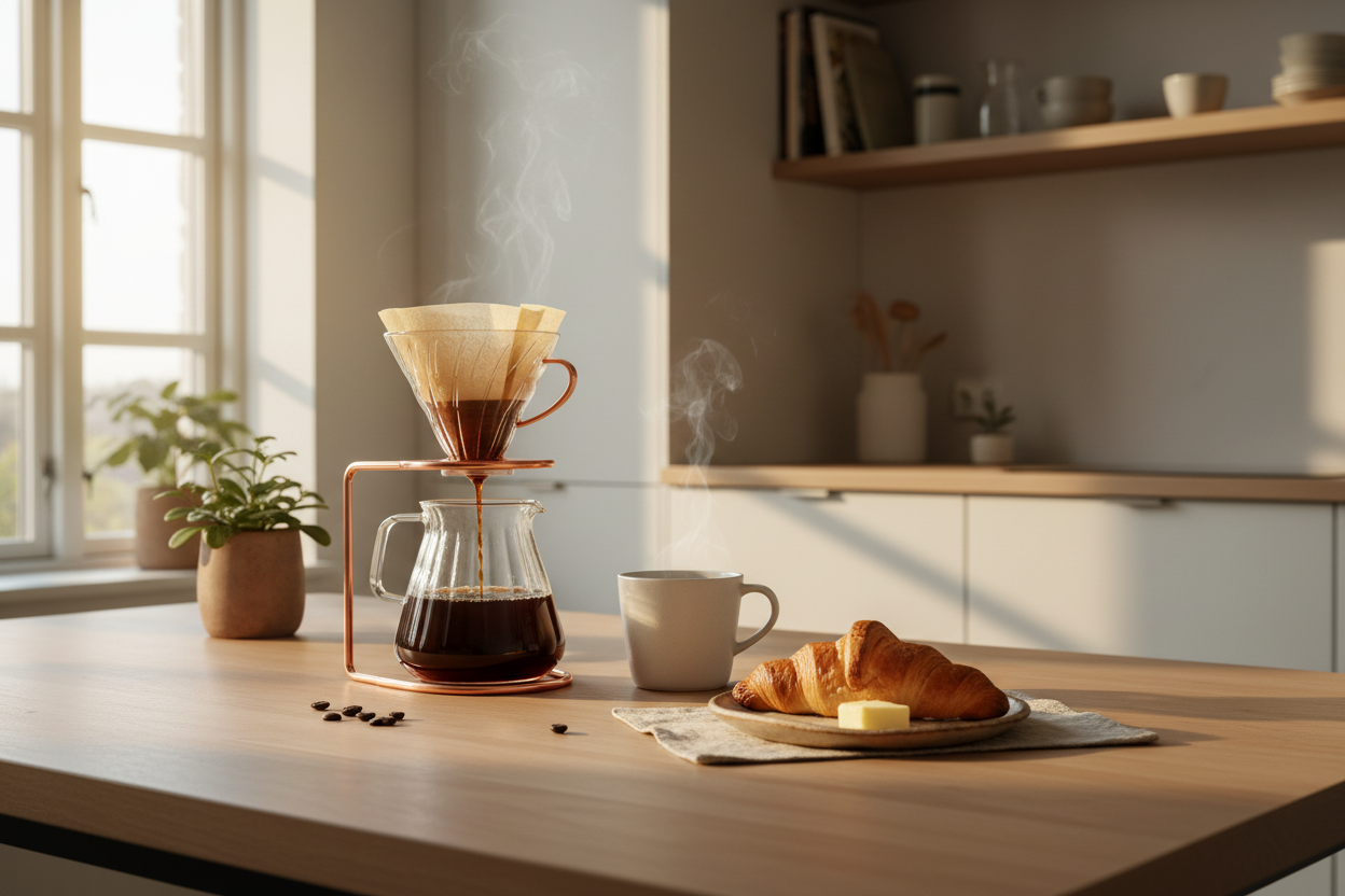 billede fra en morgen i køkkenet, ved køkkenbordet med filterkaffe igan