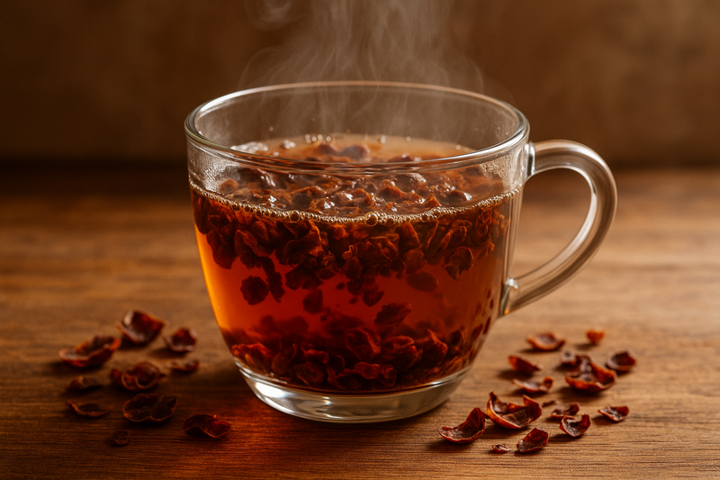 Et glas med klart glas fyldt med dampende hibiscus-te, hvor hibiscus-kronblade flyder rundt i glasset og ligger spredt på en træoverflade. Den varme belysning skaber en hyggelig stemning.