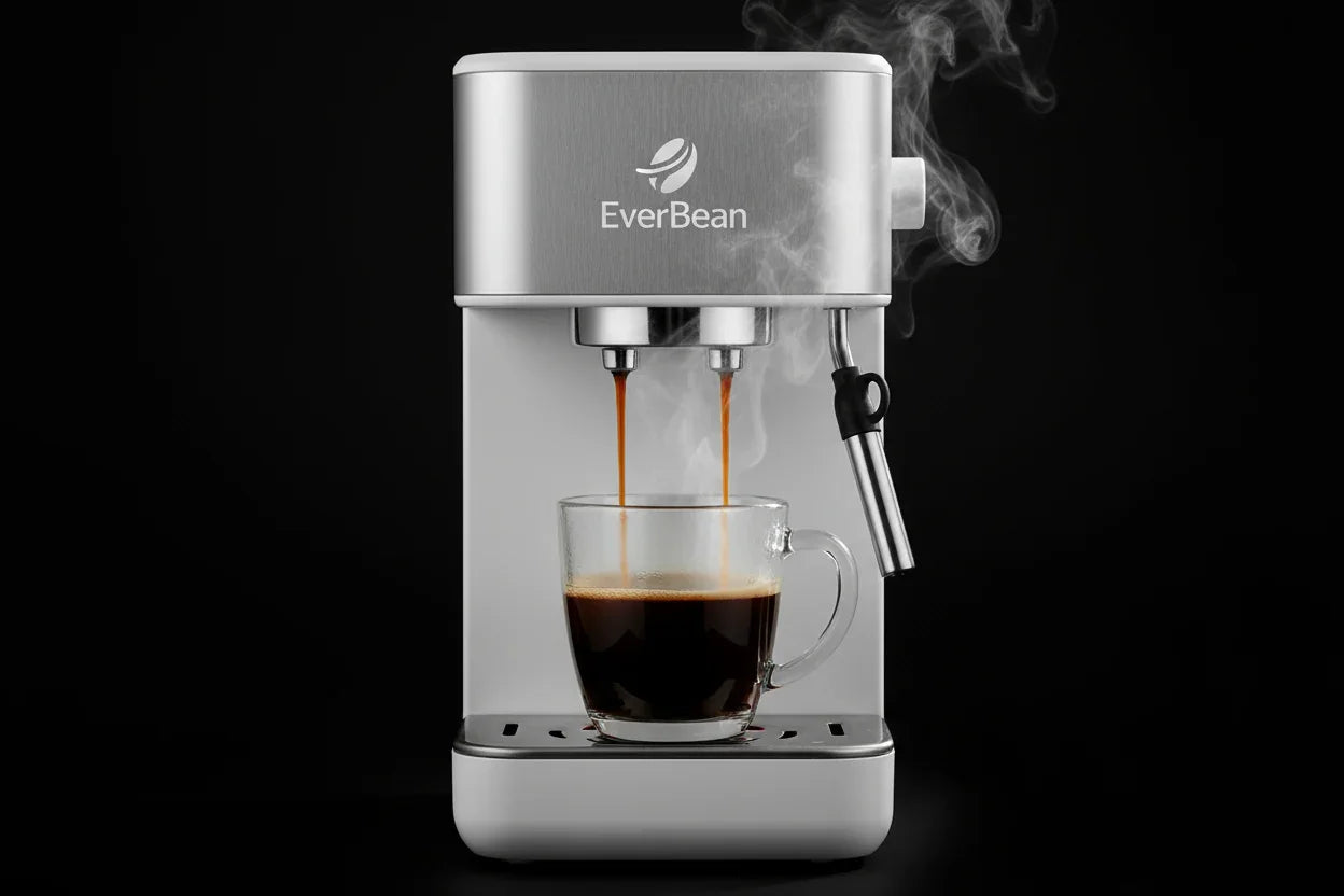 En hvid Braun kaffemaskine med en glaskaraffel, placeret på en træoverflade mod en mørk baggrund. Karaflen har målemærker fra 2 til 10 kopper og sort hank. Strømkablet er synligt på højre side.