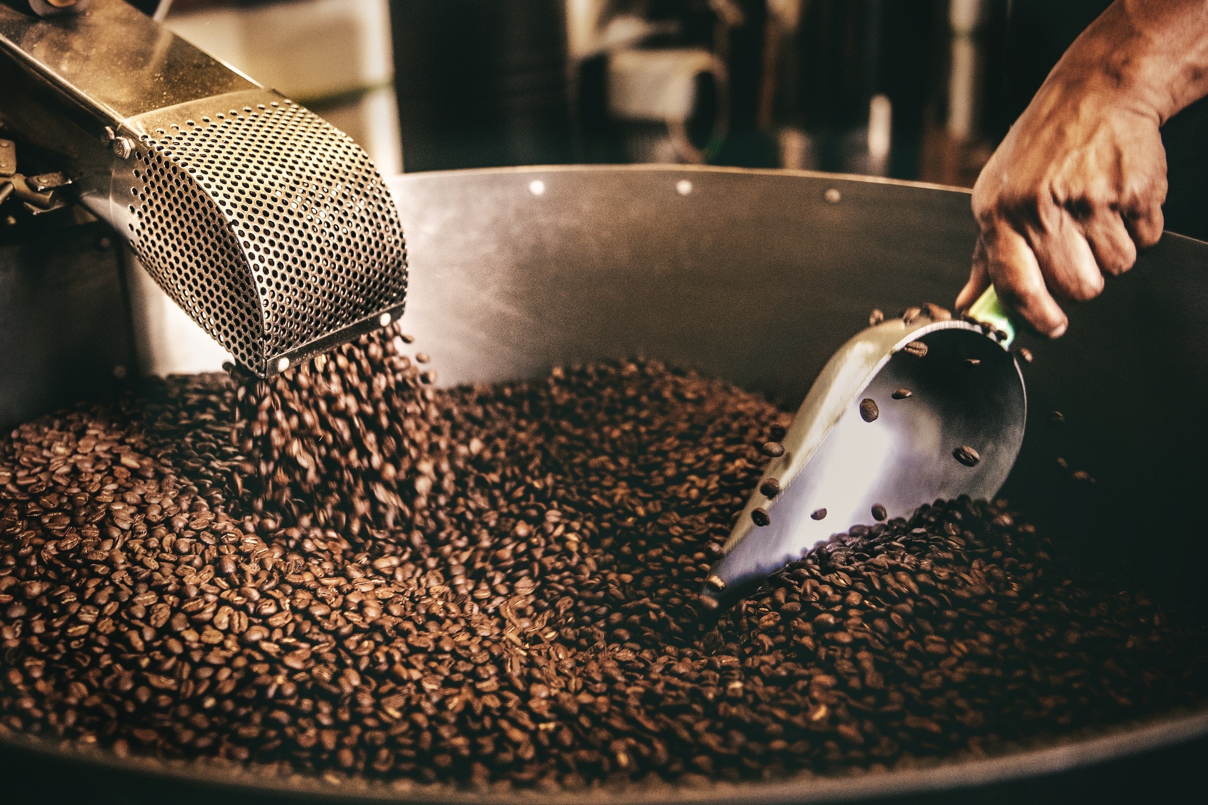 Nærbillede af ristede kaffebønner, der hældes fra en maskine ned i en stor beholder, mens en hånd bruger en metalskovl til at røre eller opsamle bønnerne.