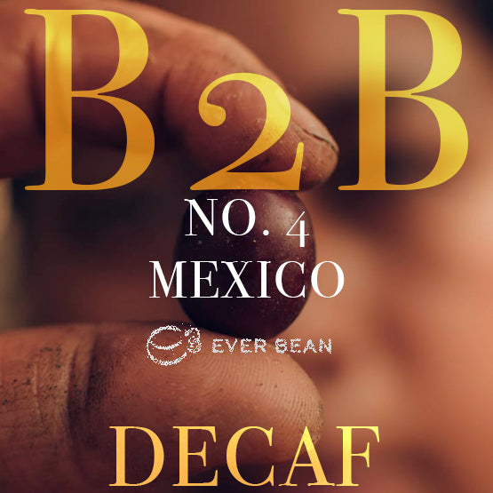 Et nærbillede af fingre, der holder en kaffebønne, med tekstoverlay: »EverBean Business No. 04-dc · Mexico Decaf (økologisk) (b)« i fed guld- og hvid skrift. Den let slørede baggrund fremhæver denne premium-kaffe fra Mexico.