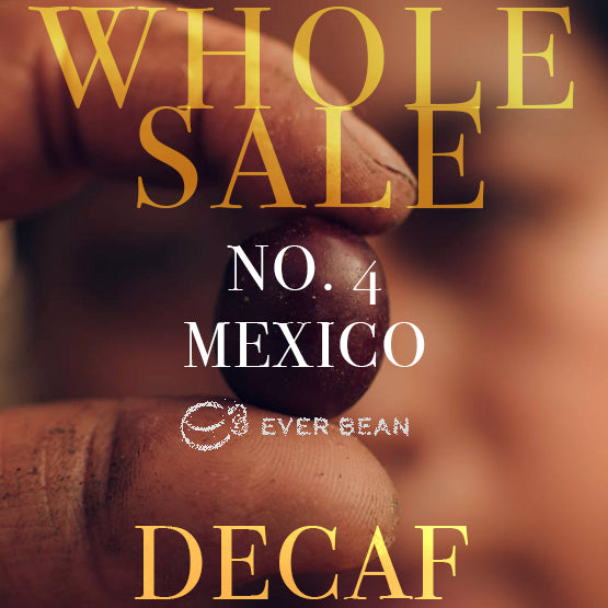 Et nærbillede af en hånd, der holder en kaffebønne, med teksten »EverBean Wholesale No. 04-dc · Mexico Decaf (økologisk) (w)« overbilledet, der fremviser økologiske hele bønner og fyldig mexicansk kaffe, der er ideel til elskere af filterkaffe.