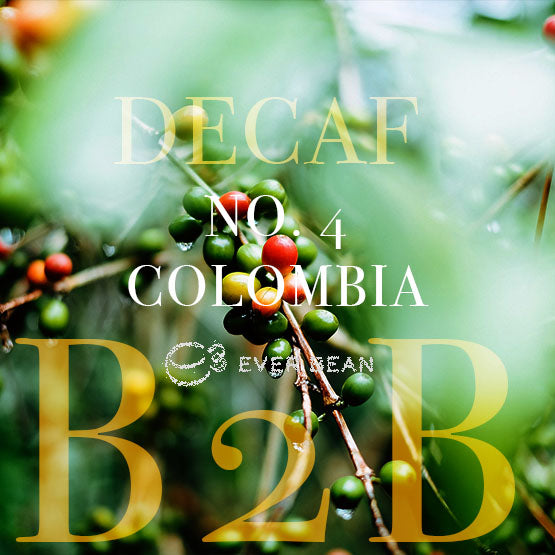Nærbillede af kaffebær og grønne blade med vanddråber omgiver tekstoverlayet "NO. 04 · COLOMBIA, DECAF" af EverBean, der fremhæver en frugtig smagsoplevelse, der fanger den sande essens af colombiansk kaffe, ideel til B2B-forbindelser.