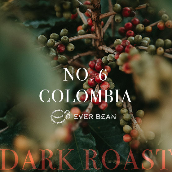 Nærbillede af kaffekirsebær på en gren med grønne blade. Teksten lyder: "No. 06 - Colombia Dark Roast by EverBean." Perfekt til dem, der elsker fed colombiansk smag i deres supremo kaffe.
