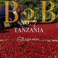 To personer sorterer røde vasket arabica-kaffekirsebær, der tørrer i solen. I stor tekst står der "No. 07 - Tanzania (b)" med EverBean Business-logoet nedenunder. Grønne planter, et hegn og Glenmalure-landskab fuldender baggrunden.