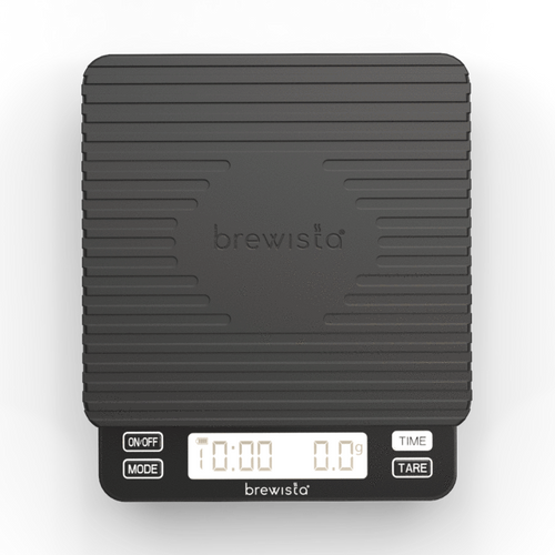 EverBean Aeropress, Barista Pack er en digital køkkenvægt med en sort tekstureret overflade og et oplyst display til tid og vægt. Den er perfekt til præcis kaffefremstilling med knapperne "ON/OFF", "MODE", "TARE" og "TIME". Mærkenavnet er præget på dets slanke design.