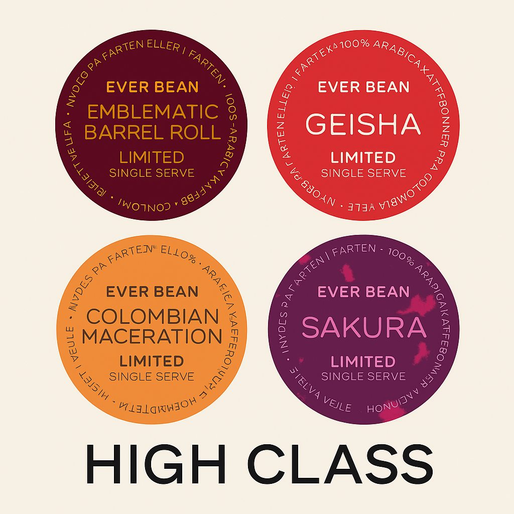 EverBean High Class smagspakke indeholder fire cirkulære kaffeetiketter - brun, rød, gul og lilla - som hver især tilbyder en enkelt servering i en begrænset serie for en førsteklasses specialkaffeoplevelse.