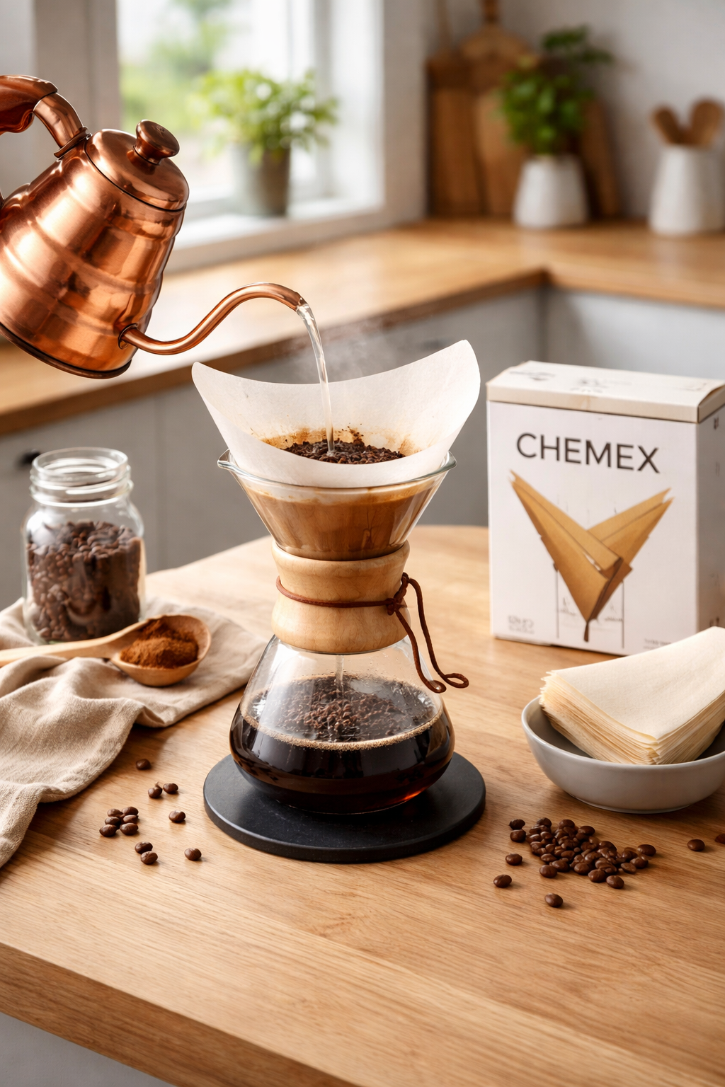 En hånd hælder varmt vand i en Chemex Classic-kaffemaskine med papirfilter. På træbordet står pour-over-udstyr fra EverBean ApS - Chemex bryg pakke 2 - med kaffebønner, malet kaffe og en Chemex-filterboks.