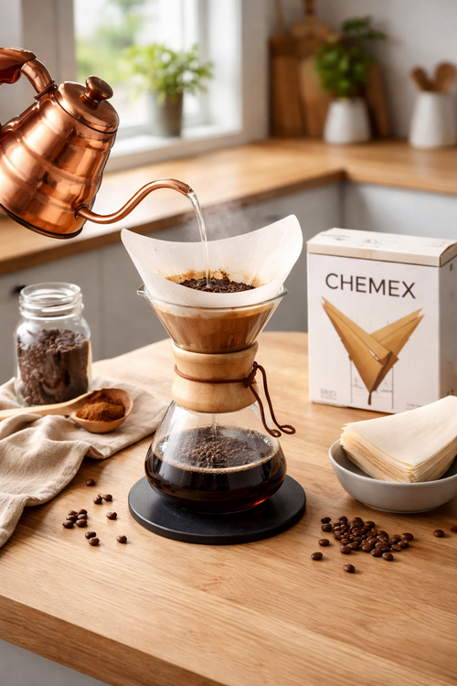 En hånd hælder varmt vand i en Chemex Classic-kaffemaskine med papirfilter. På træbordet står pour-over-udstyr fra EverBean ApS - Chemex bryg pakke 2 - med kaffebønner, malet kaffe og en Chemex-filterboks.