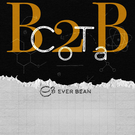 En grafik viser store guldfarvede og hvide bogstaver "B2B" med videnskabelige diagrammer og afrevne papireffekter. Nedenfor står logoet og teksten "CoTa (b) EverBean Business" på en gitterbaggrund.