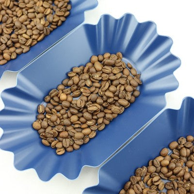 Flere Rhino Coffee Gear Cupping Trays er arrangeret side om side, hver med en bunke kaffebønner til cupping på en hvid baggrund.