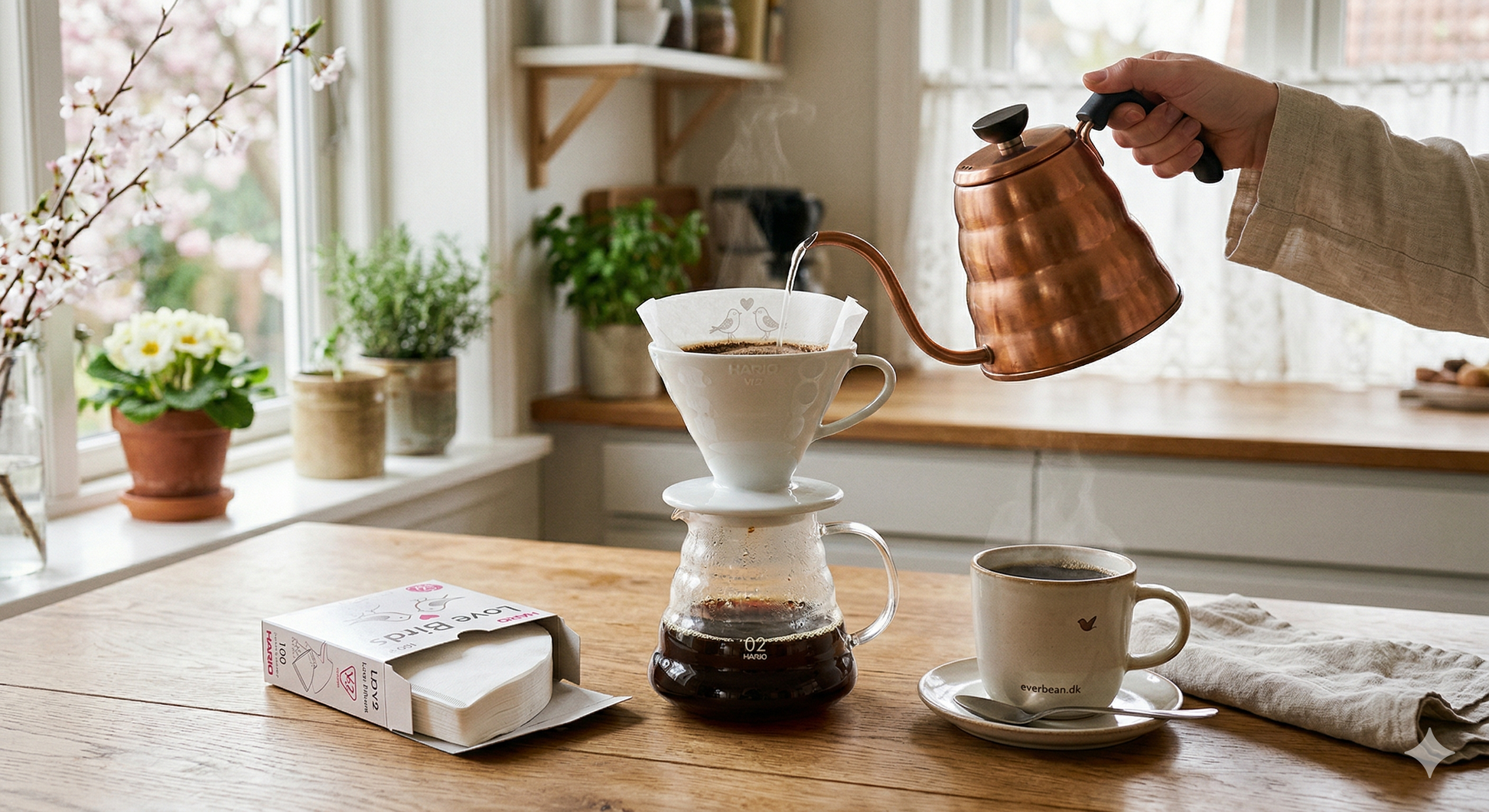 En person hælder varmt vand fra en kobberkedel i et EverBean ApS. Forårs filterpakkesæt med en glaskaraffel på køkkenbordet. I nærheden står en kop kaffe, servietter og potteplanter i vindueskarmen.