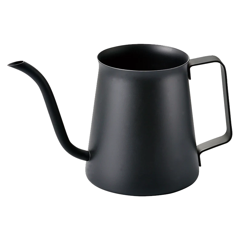 Hario Drip Kedel Kasuya Model har en mat sort finish, en lang buet tud og et rektangulært håndtag til præcis hældning - designet i Tetsu Kasuyas stil. Den kompakte kedel er fotograferet mod en almindelig hvid baggrund.