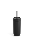 En 470 ml Fellow Carter Cold Tumbler i mat sort med keramisk belægning, matchende låg og sugerør fra Fellow, vist på en ensfarvet hvid baggrund.