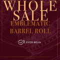 Rødbrun baggrund med tekniske stregtegninger. Overlejret tekst: "LIMITED, EMBLEMATIC BARREL ROLL (W)." Nedenfor er det hvide EverBean Wholesale-logo, koordinater og en note om eksklusiv kaffe fra Colombianske kaffebønner i bunden.