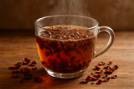 En klar glaskop fyldt med dampende Cascara Te (øko) fra EverBean ApS, lavet af tørrede hibiscusblade og cascara, hvor nogle blade flyder ovenpå og andre er spredt på et træbord, der viser bæredygtighed og naturlige ingredienser.