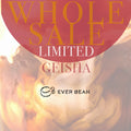 Reklamebillede af hvirvlende fløde i iskaffe med fed tekst: "EVERBEAN WHOLESALE LIMITED, COLUMBIA GEISHA (W)" med EverBean-logoet, der understreger en eksklusiv kaffeoplevelse.