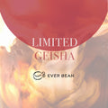 En grafik med en hvirvlende kaffecreme-baggrund, en stor halvgennemsigtig rød cirkel øverst, "Limited, Columbia Geisha" i midten og EverBean Limited-logoet nederst - ideel til at præsentere eksklusive kaffevarianter.