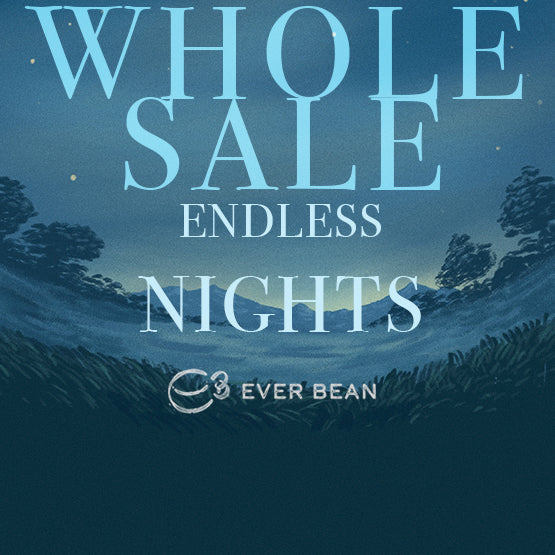 Blåtonet billede med fed "WHOLESALE ENDLESS NIGHTS"-tekst over EverBean-logoet mod en nattehimmel - ideelt til fans af Endless Night - Espresso Blend (w) fra EverBean, der ønsker mørk kaffe eller fyldig espressokaffe.