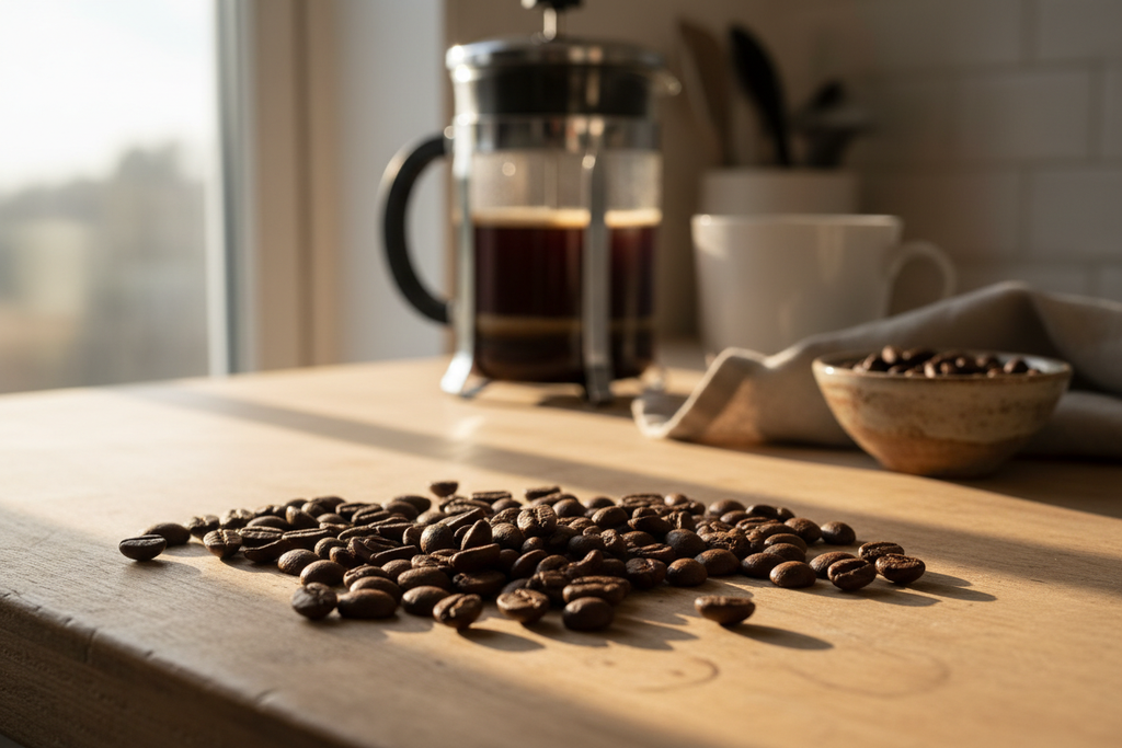 Kaffebønnerne hviler på et træbord i sollys, med en stempelkande og en kop bagved - en fremvisning af den rige smag af EverBean ApS. Stempel Smagspakke, ideel til enhver fransk presseoplevelse.