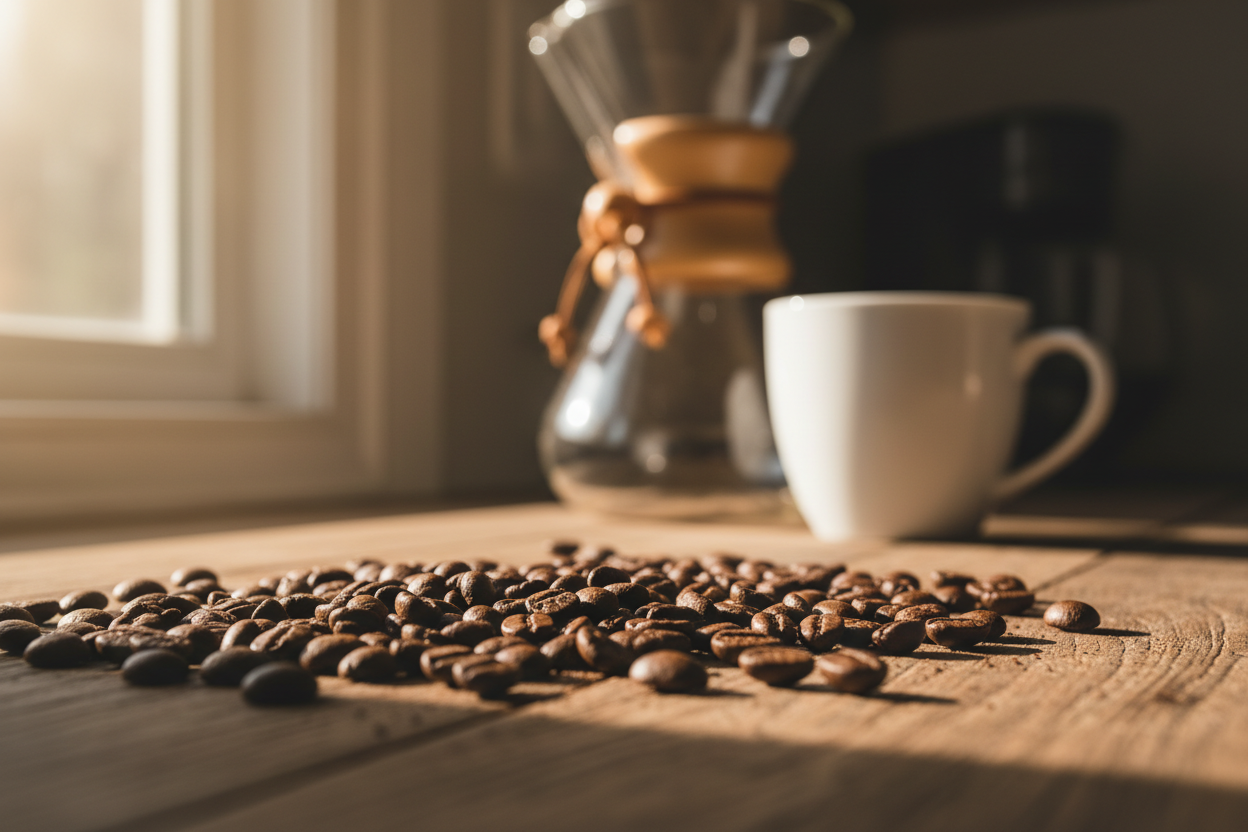 hele kaffebønner i køkkenet, med chemex kolben i baggrunden