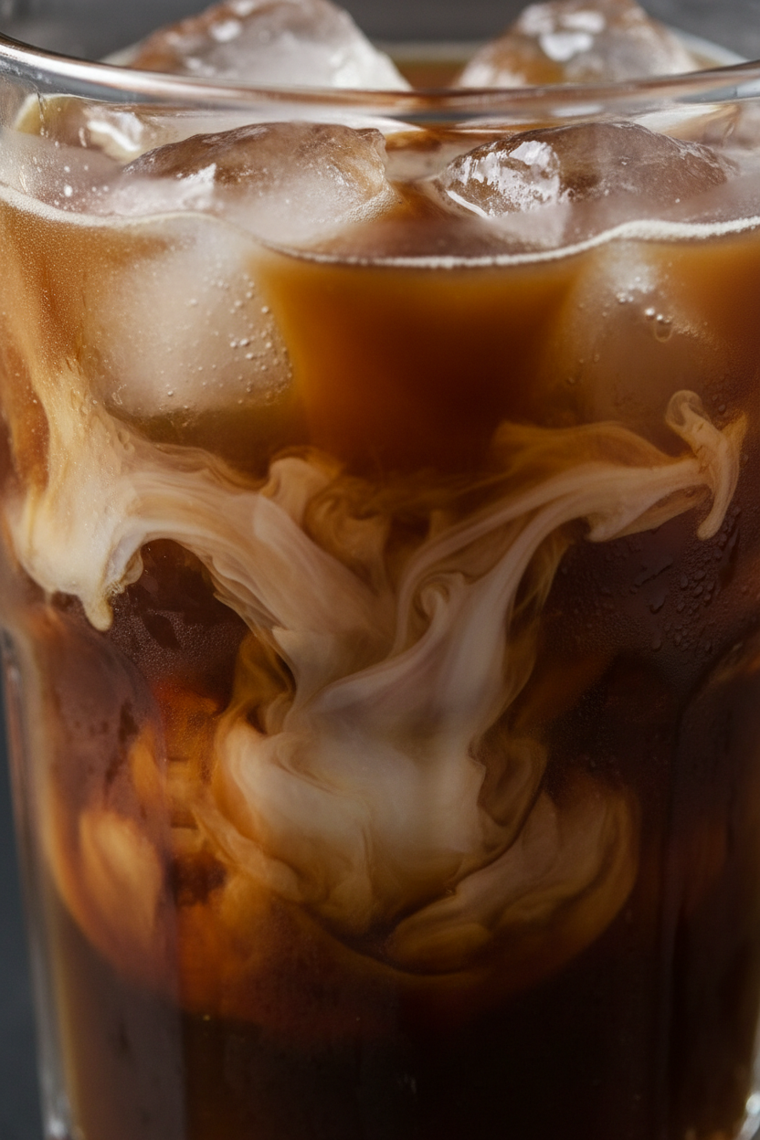Et nærbillede af et glas iskaffe lavet med EverBean ApS. Cold Brew Smagspakke, 250 g - mælken hvirvler ind i den mørke bryg og skaber cremede, marmorerede mønstre omkring isterningerne.