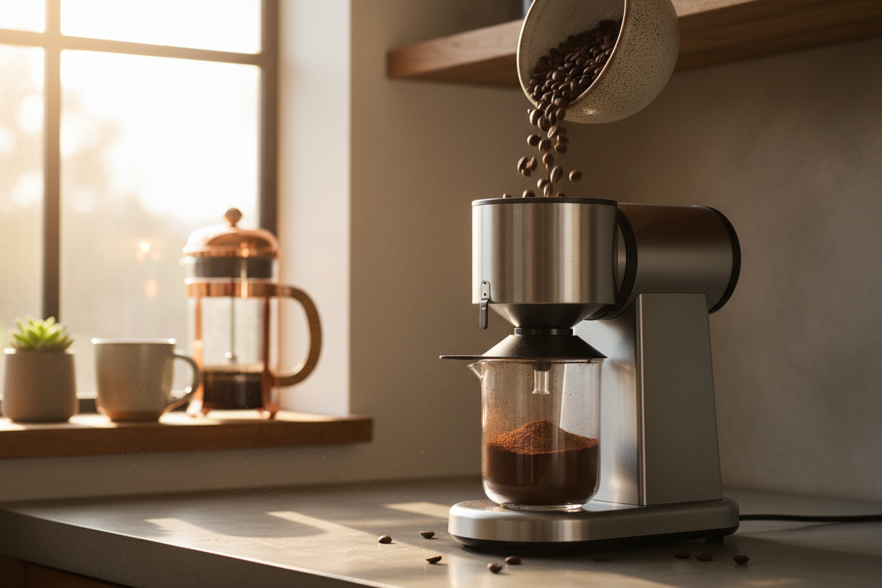 EverBean ApS. Stempel Smagspakke-kaffebønner hældes i en elektrisk kværn med malet kaffe nedenunder. En fransk presse og krus venter ved et solbeskinnet vindue, klar til at fremvise single origin-smag.