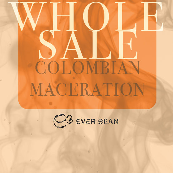 Den fede tekst "Limited, Colombian Maceration (w)" vises på en orange baggrund med hvirvlende røgmønstre. Nedenunder ses EverBean Wholesales logo og navn, som inviterer dig til at opdage eksklusive colombianske kaffebønner.