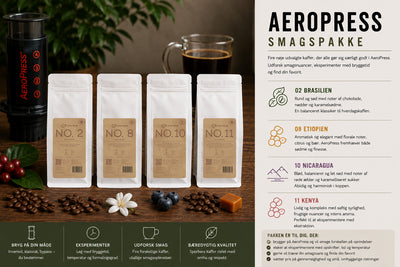 Fire EverBean ApS. kaffeposer (250 g hver), mærket No. 2, 8, 10 og 11, arrangeret med bønner, blomster, krydderier, en AeroPress smagspakke - perfekt til at eksperimentere med - og et glas kaffe plus dansk produktinfo medfølger.