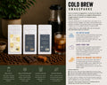 Et reklamebillede for EverBean ApS.'s "Cold Brew Smagspakke med brygger" viser tre kaffeposer - "Iced Coffee Blend", "Ashes of Time" og "Ice Breaker" - med en Hario Cold Brew-flaske, iskaffe, bønner, chokolade og danske detaljer.