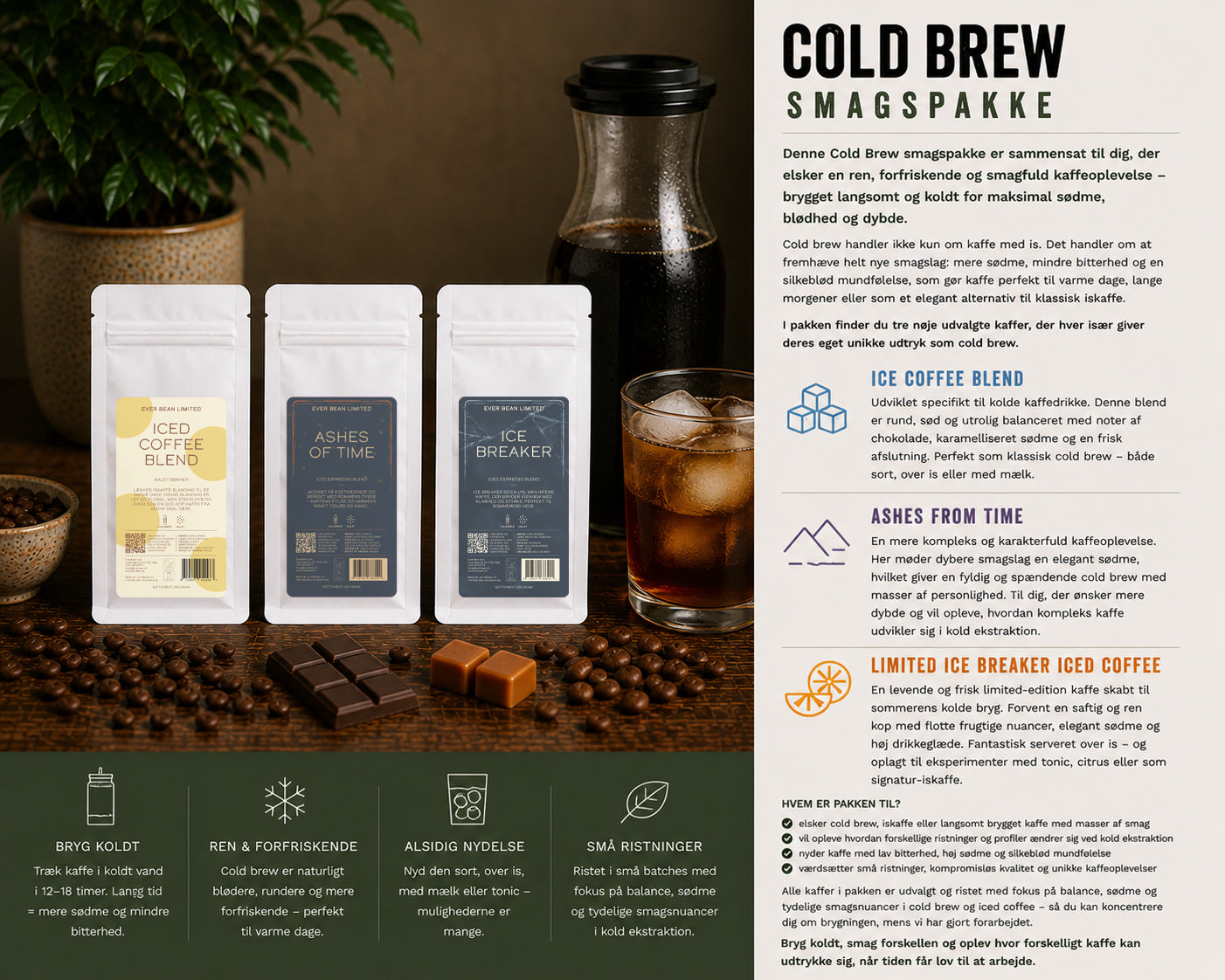 Oplev EverBean ApS.'s Cold Brew Smagspakke, 250g-tre kaffeblandinger med smagsnoter, perfekt til koldbrygning. Indeholder kaffeposer, et glas iskaffe, chokoladestykker og kaffebønner for en enestående smagsoplevelse.