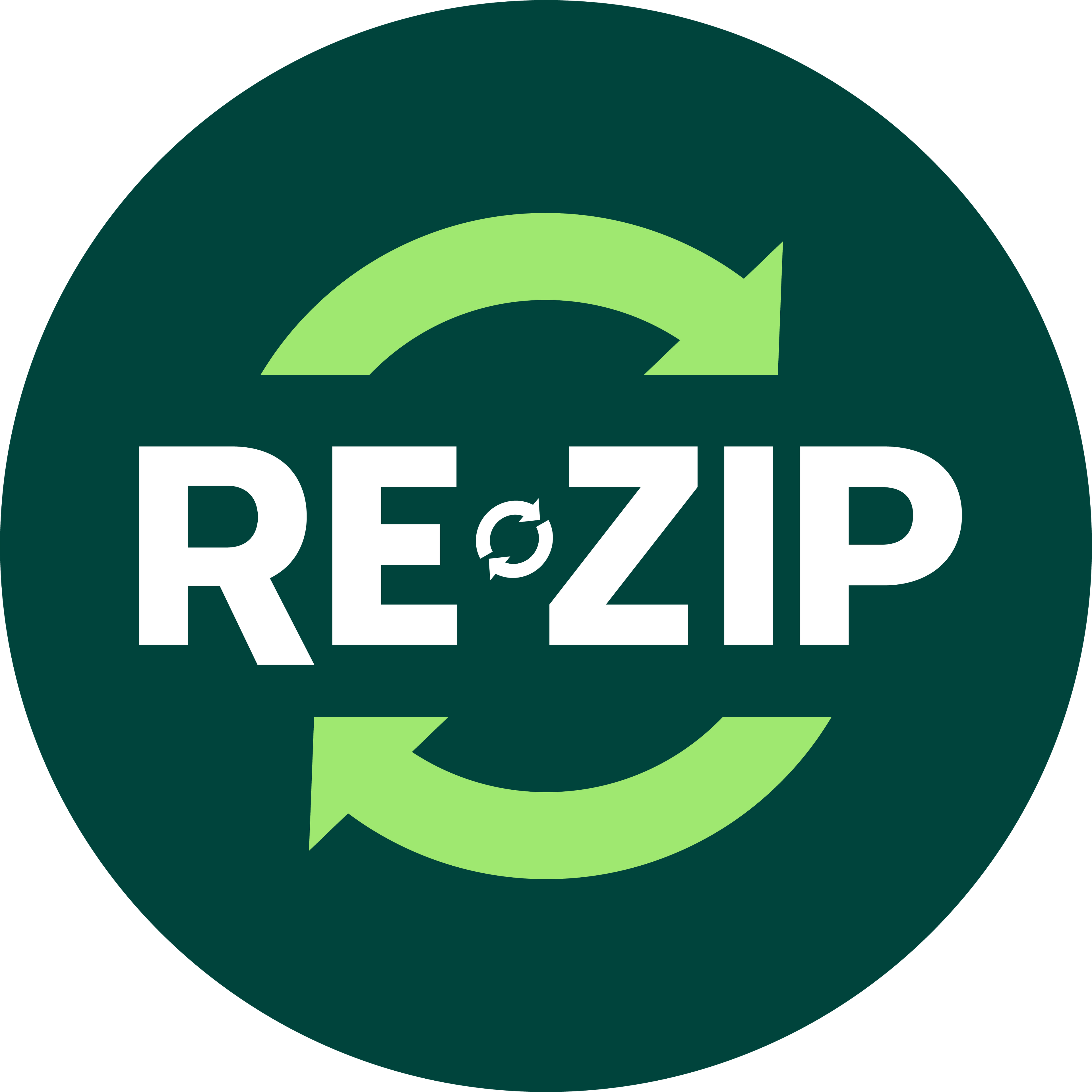 En mørkegrøn baggrund har det hvide "RE-ZIP"-logo, omkranset af to grønne pile, der danner et genbrugssymbol. Dette fremhæver det miljøvenlige og genanvendelige koncept RE-ZIP Free – cirkulær emballage.